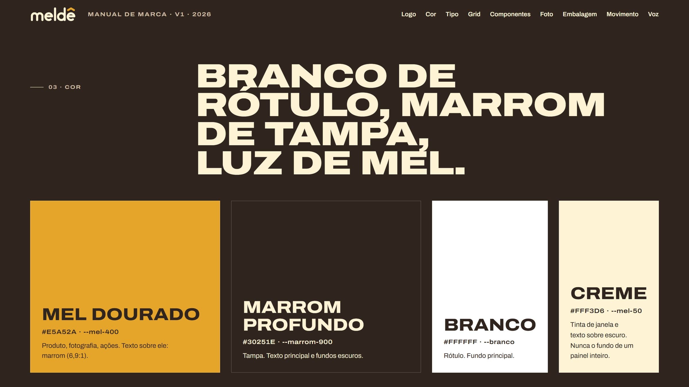 Página de cor do manual: mel dourado, marrom profundo, branco e creme.