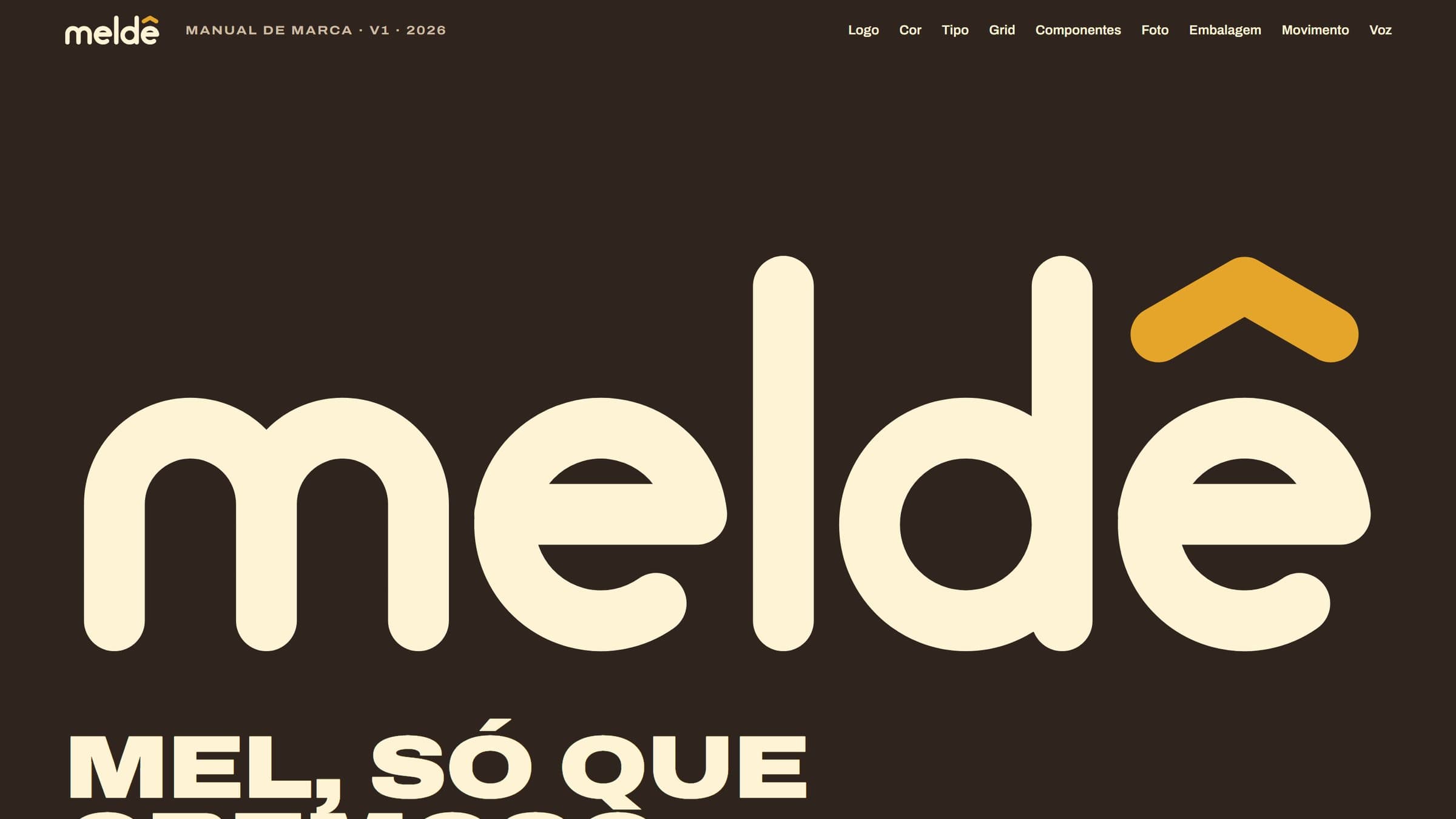 Capa do manual de marca: o wordmark meldê em creme sobre marrom, com o circunflexo dourado.